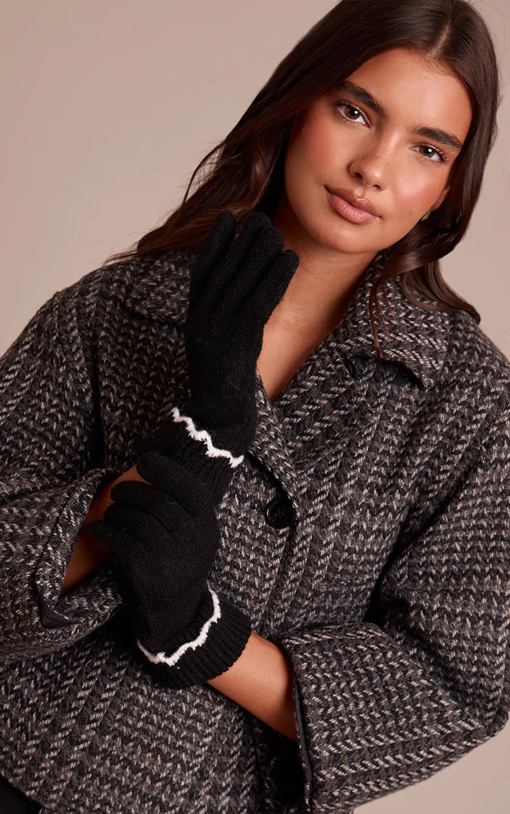 Black with White Scalloped Trim Gloves
