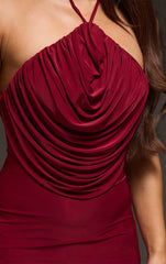 Burgundy Slinky Halterneck Draped Detail Maxi Dress