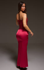 Burgundy Corset Detail Satin Ruched Maxi Dress