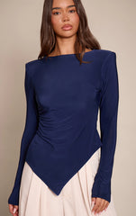 Navy Double Layer Slinky Shoulder Pad Asymmetric Top