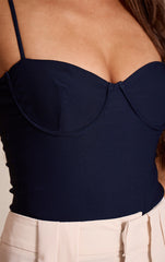 Navy Woven Stretch Strappy Bodysuit