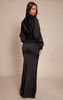 PLT Label Black Satin Long Sleeve Plunge Maxi Dress