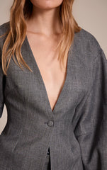 Grey Cinched Waist Cocoon Sleeve Blazer