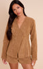 Tan Structured Faux Suede Cinched Waist Blazer