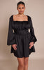 Plus Black Satin Ruched Cup Puff Sleeve Mini Dress