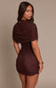 Chocolate  Mesh Overlay Ruched Short Sleeve Mini Dress