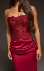 Burgundy Corset Detail Satin Ruched Maxi Dress