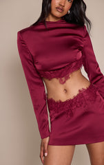 Burgundy Satin Lace Trim Mini Skirt