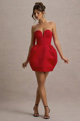 Zuki | Red Satin Sweetheart Mini Dress With Tulip Skirt