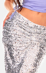 Silver Sequin Ruched Waist Maxi Skirt