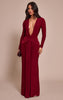 Petite Burgundy Double Layer Slinky Long Sleeve Ruched Tie Front Maxi Dress